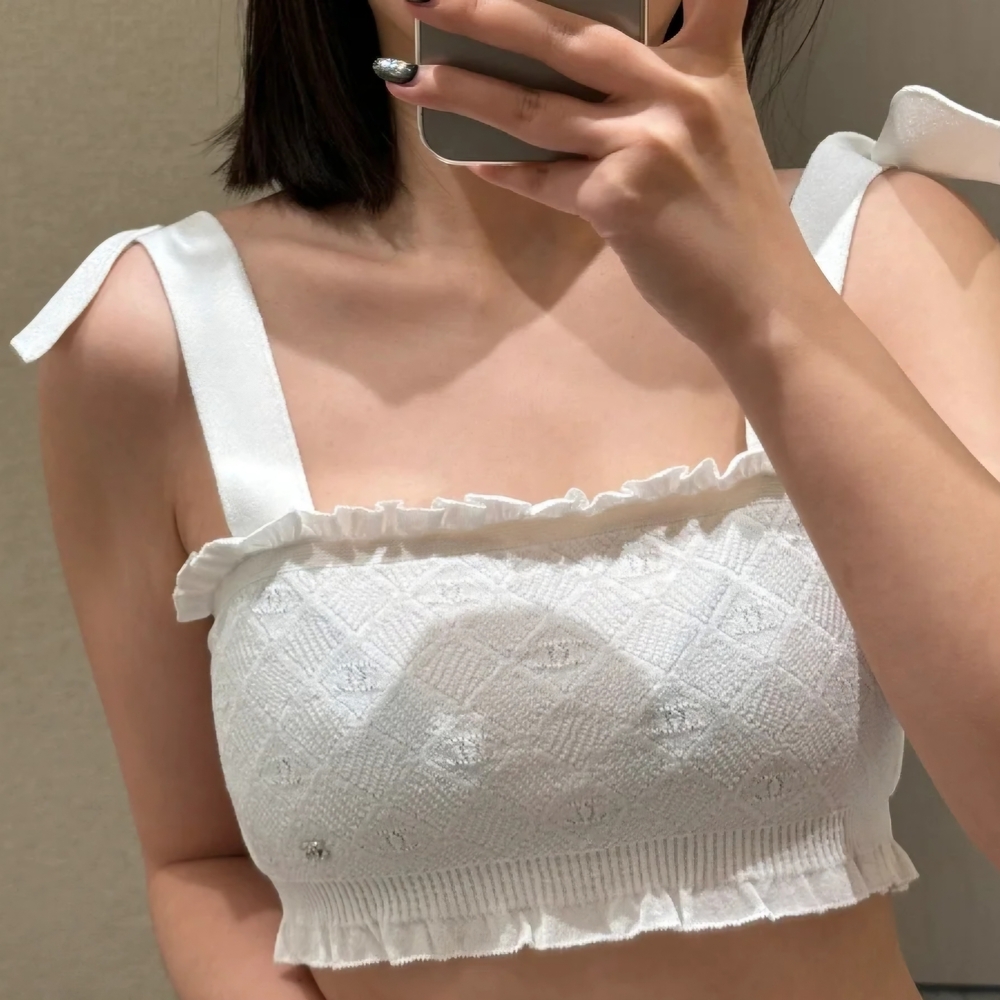 CHANEL White Ruffled Bow Crop Top